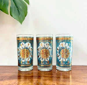 3 MCM Continental Can Company Gold Medallion Turquoise Glass Tumblers - Picture 1 of 6