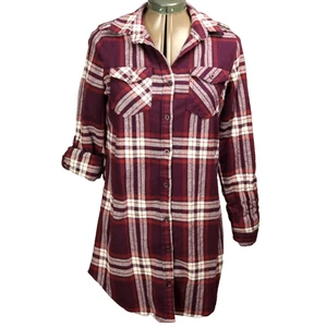 Inso Collection Plaid Flannel Mini Shirt Dress Long Roll Tab Sleeve Burgundy M - Picture 1 of 24