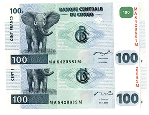 Congo Democratic Republic ... P-92 … 100 Francs … 2000 … Choice *UNC* Consecutiv - Picture 1 of 2