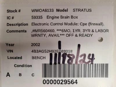 Б/у модуль управления двигателем подходит: 2002 Dodge Stratus электронный модуль управления Cp - Изображение 1 из 4