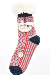 Ladies Soft Warm Fluffy Fleece Lined Slipper Socks - Grey & Red Scandi Floral - Picture 1 of 3