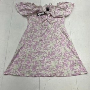 Pretty Little Thing Lilac Abstract Floral Frill Sleeve Dress Womens Size 6 NEW - Picture 1 of 6