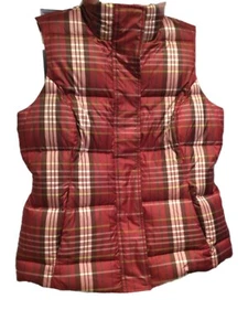 Eddie Bauer Womens Puffer Vest Medium Red Checked Down Full Zip Snaps - Picture 1 of 3
