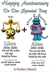Libra and Alien   Anniversary A5 Greeting Card Zodiac, Horoscope,Stars PID217 - Picture 1 of 1