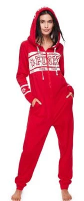 Victorias Secret PINK One piece pajama XS S M L Hooded Sherpa Red Valentine - Image 1 of 2