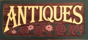 ANTIQUES Wooden Sign Pastels Hard Wood Nicely Done "Antiques" Sign USA MN. - Picture 1 of 7