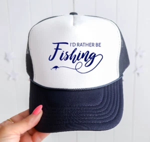 I'd Rather Be Fishing, Navy Blue Otto Brand Men's and Women's Trucker Hat - Picture 1 of 5