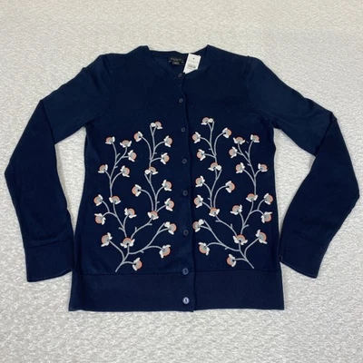 NUEVO CON ETIQUETAS ANN TAYLOR Azul Marino Para Mujer’s S Floral Bordado Cárdigan Suéter/Algodón Foto 1 de 4