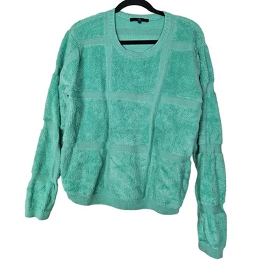 Tibi L Teal Green Crew Neck Pullover Fuzzy Sweater Check Preppy Casual  - Image 1 of 4