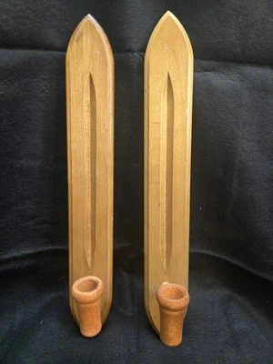 Set Of Vintage Homco MCM Blonde Oak Wall Mounted Taper Candle Holder Sconces - Image 1 of 3