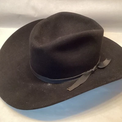 复古 20 世纪 70 年代 Stetson 牛仔帽,黑色 3X 海狸 XXX(尺寸 6 7/8)长椭圆形 — 第 1/4 张图片