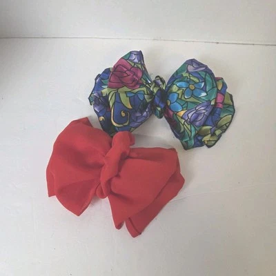 VINTAGE 1980-90s LARGE HAIR BOWS Lot Of 2 Big Ribbon Scarf Barrette Clip Silky  - Image 1 of 4