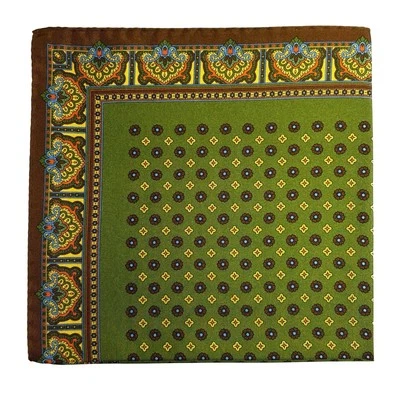 Pañuelo de bolsillo floral de seda verde oliva y marrón de 17" (hecho a mano en Italia) Foto 1 de 4
