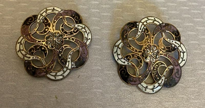 Antique Brass Enamel Buttons 2 Openwork Pierced Swirl Black Cream 33mm 1-3/8" - Image 1 of 4