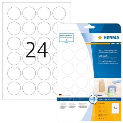 HERMA Self Adhesive Clear Sealing Foil Labels, 24 Labels Per A4 Sheet, 600 Label - Image 1 of 4