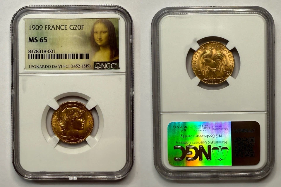 Etiqueta Mona Lisa 1909 Oro Francia G20F MS65 Foto 1 de 1