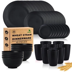 Wheat Straw Dinnerware Set 40PCS, Unbreakable Plates and Bowls Set, Black Pla... - Picture 1 of 7