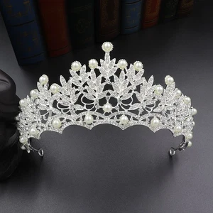 Fascia per capelli corona cristallo strass diadema principessa matrimonio sposa perla - Foto 1 di 5