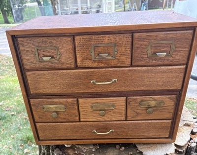 Antique Oak 8 Drawer Card File Cabinet w Brass Hardware Library or Office - Image 1 of 4