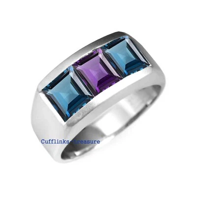 Anillo banda plata esterlina 925 piedras topacio azul amatista natural y Londres #8R2 Foto 1 de 4