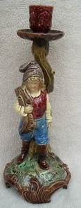 Antique Bohemian Majolica Figural Candlestick Peasant Poacher Brothers Urbach - Picture 1 of 9