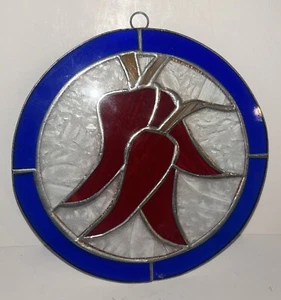 Stained Glass Art Red Chili Peppers Window Round Suncatcher Ready to Hang . 7”D - Picture 1 of 3