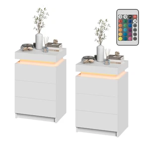 Set of 2 Bedside Table 3 Drawers With Lift Up Storage LED RGB Nightstand White - Picture 1 of 9