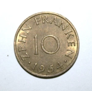 S10 - Germany - Saarland 10 Franken 1954 Uncirculated Coin - Industrial Scene - Picture 1 of 2