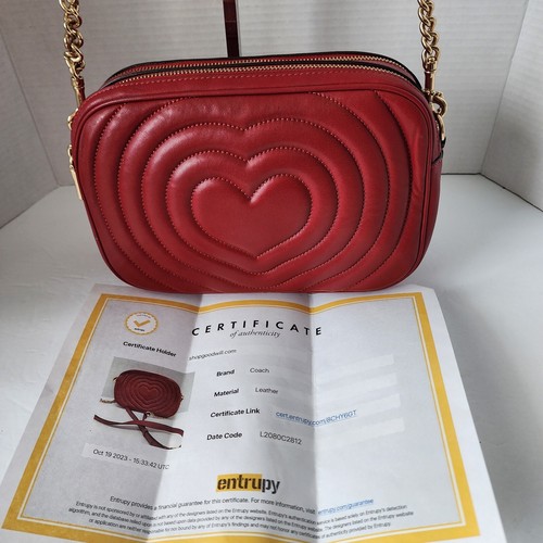 Borsa a tracolla Coach Jes cuore gonfio pelle trapuntata oro 1941 rossa C2812 con certificato di autenticità