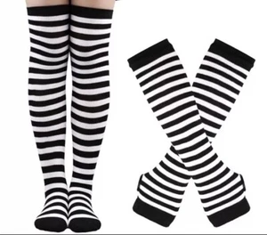 Women Girls Knee High Long Socks Arm Fingerless Gloves Black & White Stripe Set - Picture 1 of 3