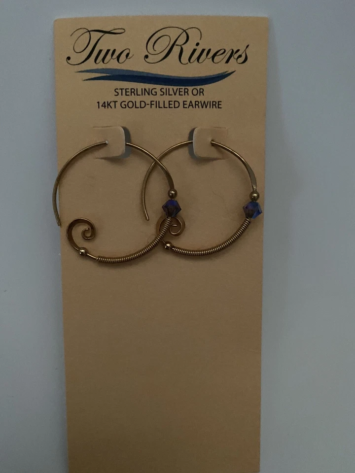 *STUNNING* TWO RIVERS Gold-Filled Blue Bead Hoop Earrings Foto 1 de 2