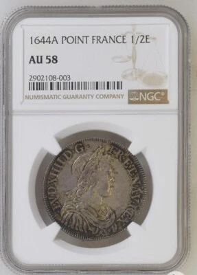 1644-A FRANCE 1/2 Ecu Silver Coin Point Short Wick Paris Mint Louis XIV NGC AU58 - Image 1 of 4
