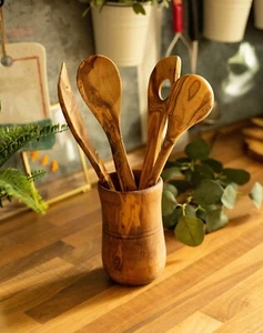 5 Piece Wooden Kitchen Utensils Set Cooking Tools Pc Olive Wood with Holder 12" - Picture 1 of 12