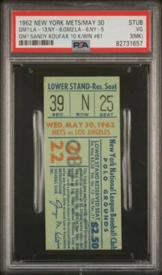 SANDY KOUFAX WIN #61 GIL HODGES 3HRS #367-369 MAURY WILLS 2HRS 1962 TICKET PSA 3 - Image 1 of 4