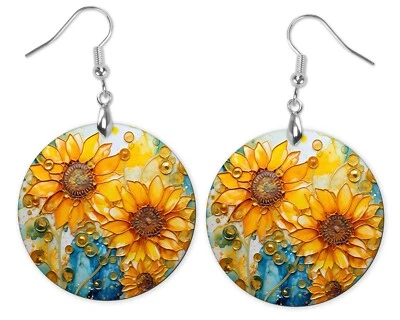 Sunflowers on Blue Round Printed Wood  Dangle Earrings - Image 1 of 4