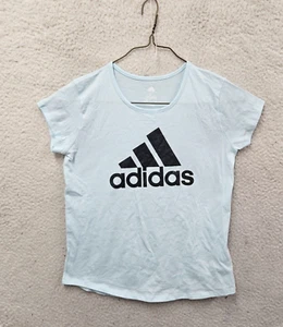 Adidas Girls Large Blue Logo Print Cotton Short Sleeve Crew Neck Regular Fit Tee - Picture 1 of 19