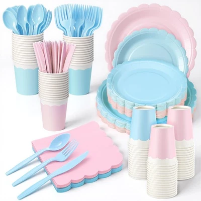 350 Pcs Gender Reveal Plates and Napkins Set (Serve 50), Boy or Girl Pink and... - Image 1 of 4