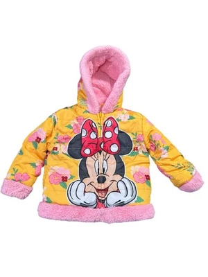 Disney Jr Minnie Mouse Puffer Jacket 2T Hooded Reversible Yellow Pink - Image 1 of 4