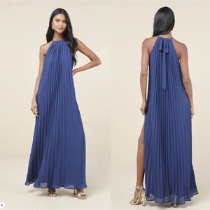 Lulus Exceptionally Elegant Blue Pleated Chiffon Maxi Dress XL Wedding Formal - Picture 1 of 8