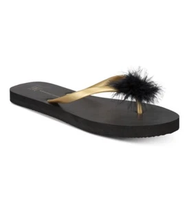 INC International Concepts Women's Thong Po-Pom Flip-Flops Sandals Black Gold - Picture 1 of 3