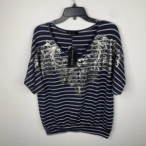 B.l.e.u. nuovo con etichetta Camicia donna L blu/bianca a righe con sfere manica corta made in USA - Foto 1 di 4