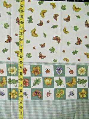 BUTTERFLY PRINT  BORDER CHECKS 100% COTTON FABRIC  51X44 INCHES  VINTAGE  1.4 YD - Image 1 of 2