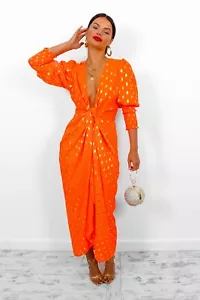 Orange Gold Foil Midi Wrap Dress - Picture 1 of 7