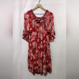 Angie Floral Pleated Dress Women's 2X Red Boho Retro 90s Cottagecore Peasant - Picture 1 of 9