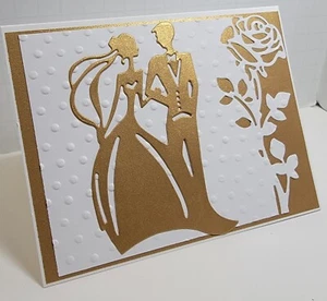 Handcrafted Greeting Card - Wedding or Anniversary - Bride/Groom - Rose - Golden - Picture 1 of 4