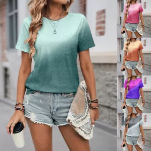 Womens Gradient T-Shirt Tops Ladies Summer Short Sleeve Casual Loose Blouse Tee - Picture 1 of 14