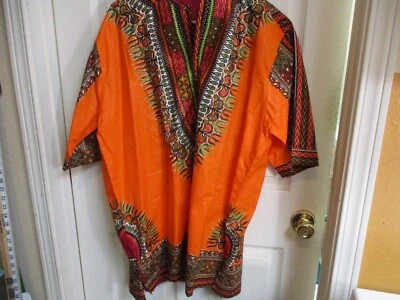 Túnica Kaftan Hippy Índia Havaí Laranja Brilhante Paisley Algodão Tamanho Livre - Imagem 1 de 4