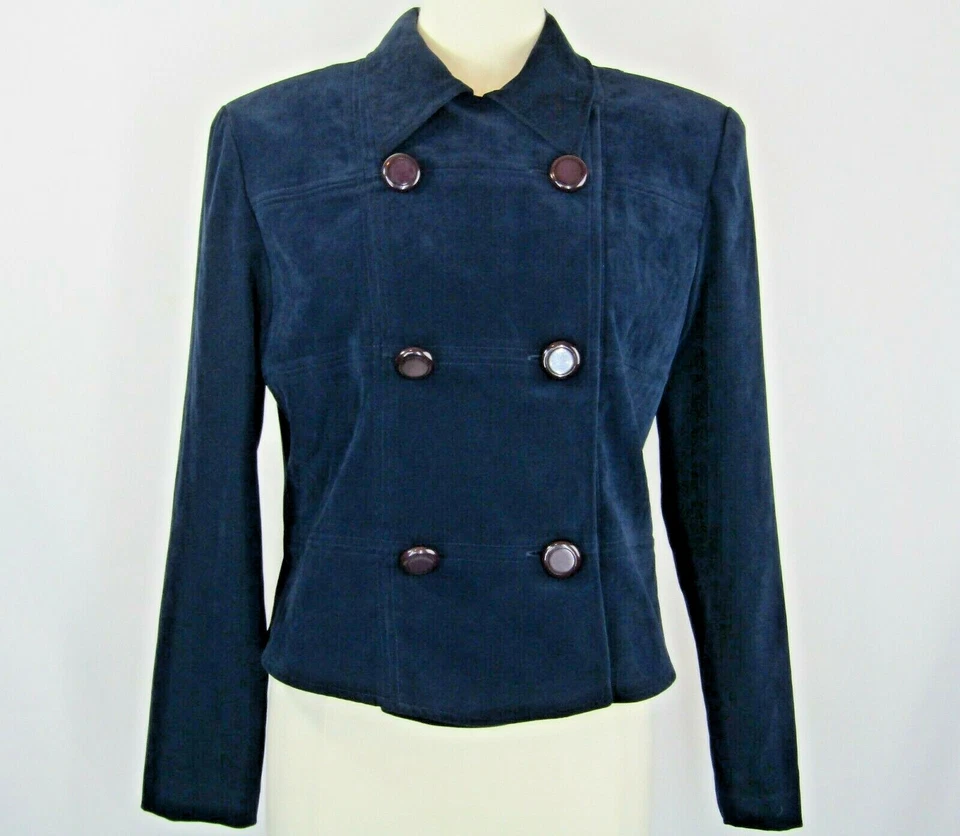 Chaqueta Recortada Top Doble Pecho 12 Azul Marino Imitación Gamuza Ajuste A Medida Retro Foto 1 de 4