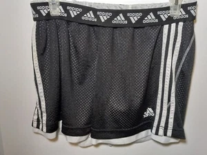 Womens ADIDAS 3 stripe mesh black shorts roll over logo waist band lined white  - Picture 1 of 18