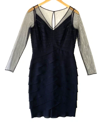 Adrianna Papell Dress Womens 8 Black Tiered Sheer Mesh Sheath Cocktail Party LBD - Image 1 of 4